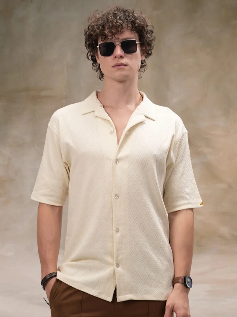 Maniac  Maniac Mens Marble Texture Collared Neck Half Sleeve Cream Cotton Polo Shirt for Men | Best Price UAE